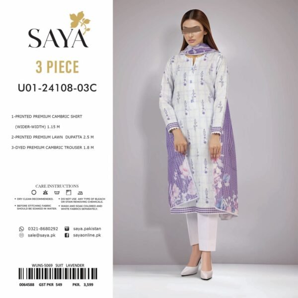 Saya Unstitched Printed Cambric 3 Piece -Lavender