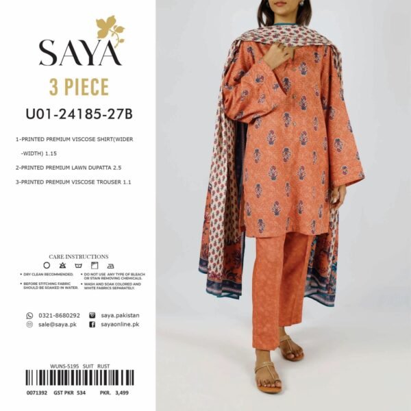 Saya Unstitched Printed Cambric 3 Piece -Rust