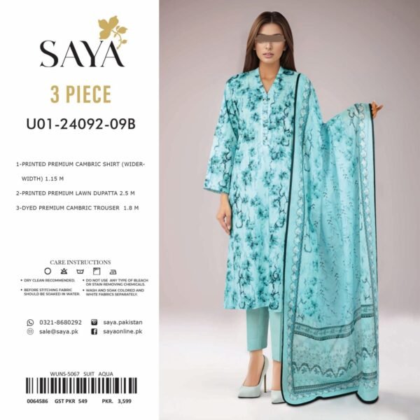 Saya Unstitched Printed Cambric 3 Piece -Aqua