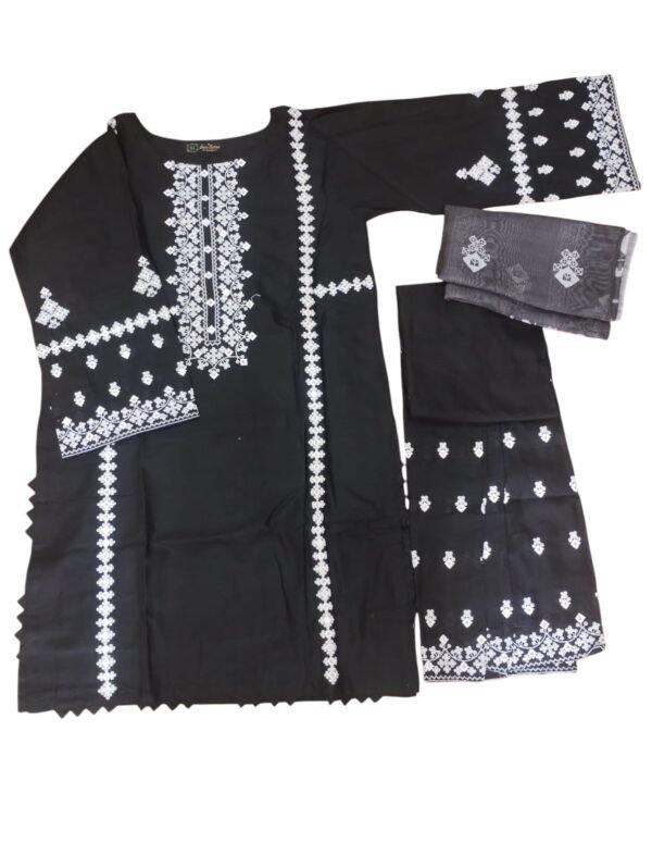 Sindhi Embroidered Cotton Lawn Suit – Black & White Elegance