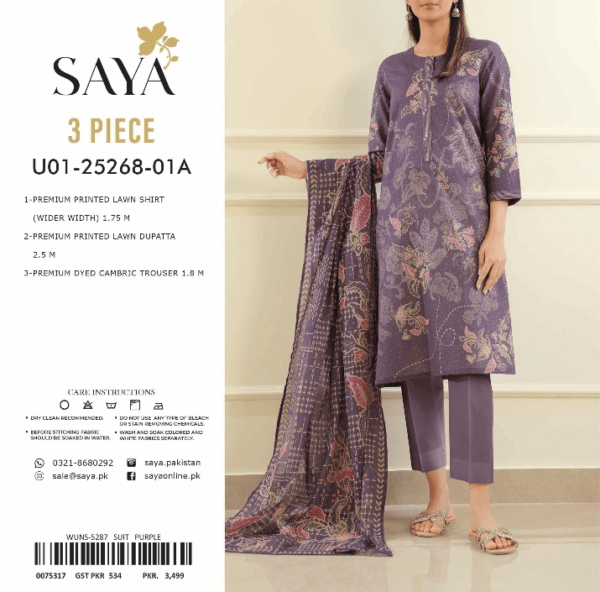 Premium 3-Piece Purple Lawn Suit – Elegant Printed Design