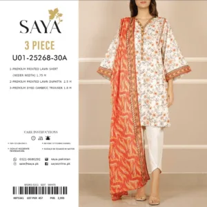 Elegant 3-Piece White & Orange Lawn Suit – Premium Floral Print