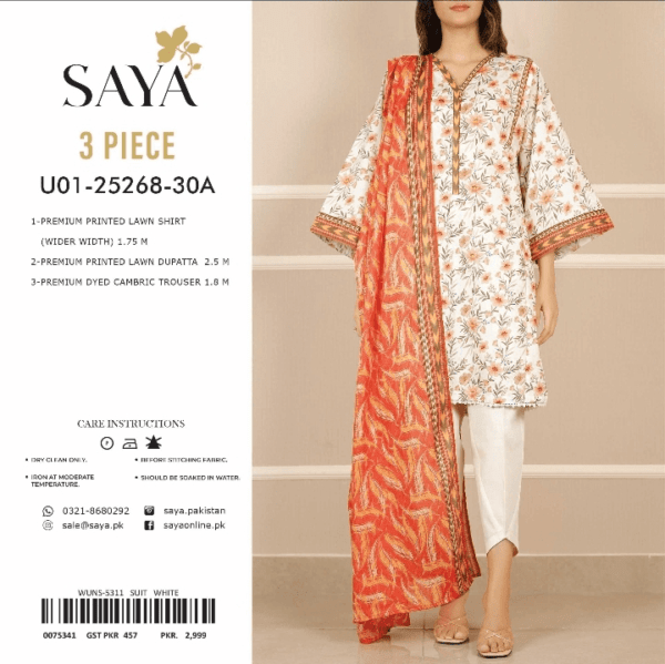 Elegant 3-Piece White & Orange Lawn Suit – Premium Floral Print