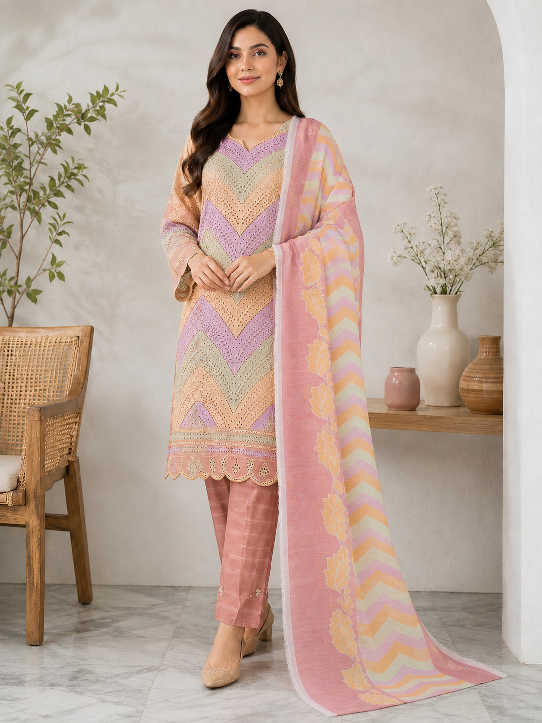 Peach Pink Pastel Embroidered 3-Piece Suit - Image 3