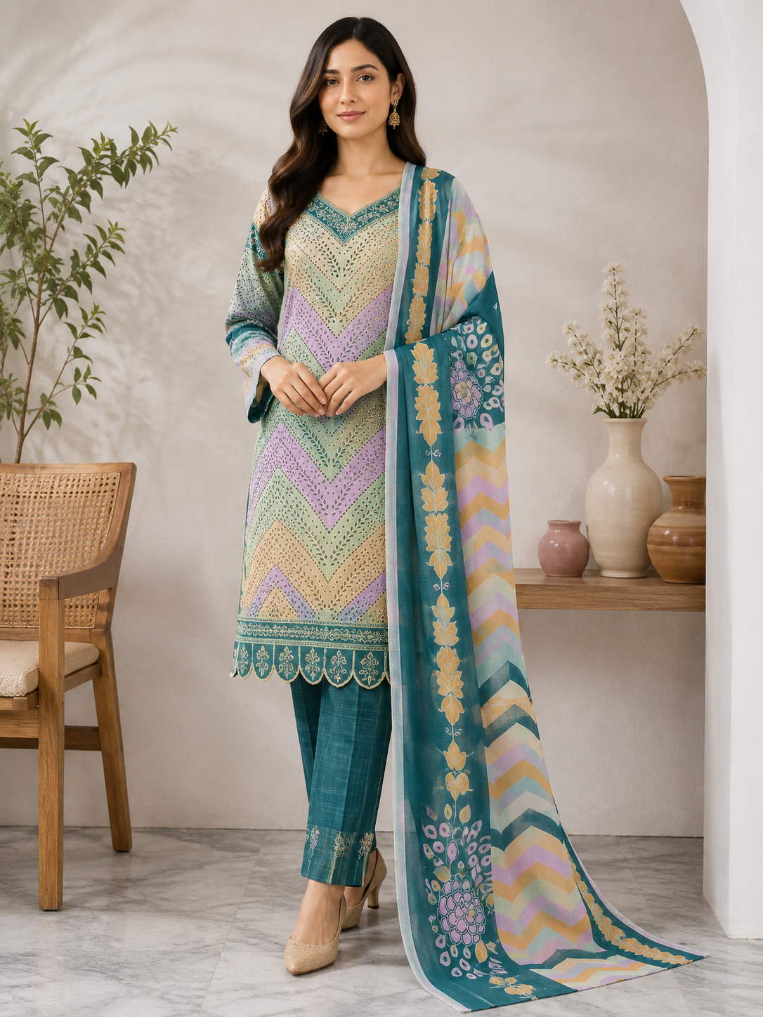 Peach Pink Pastel Embroidered 3-Piece Suit - Image 2