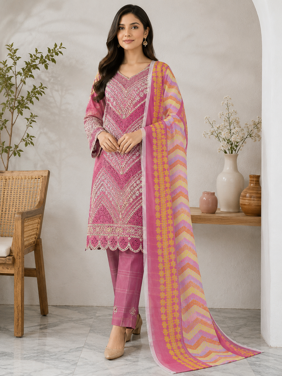 Peach Pink Pastel Embroidered 3-Piece Suit - Image 4
