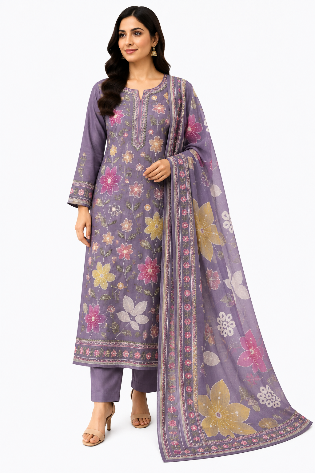 Olive Green Floral Embroidered 3-Piece Suit - Image 4