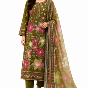 Olive Green Floral Embroidered 3-Piece Suit
