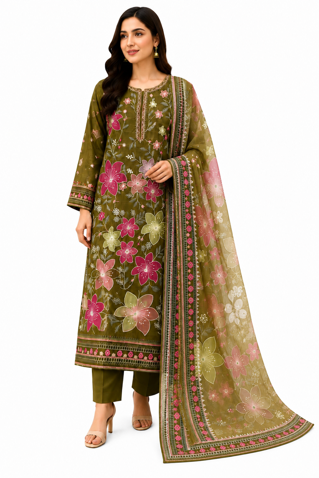 Olive Green Floral Embroidered 3-Piece Suit