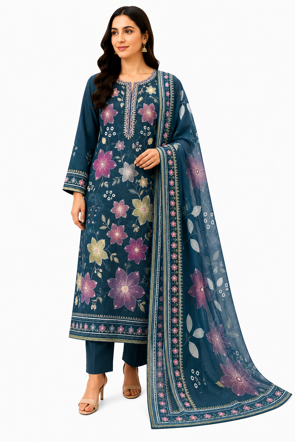 Olive Green Floral Embroidered 3-Piece Suit - Image 3