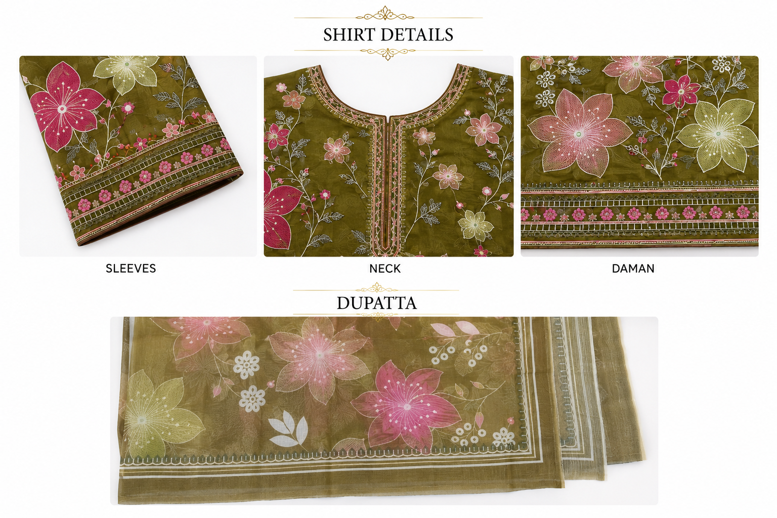 Olive Green Floral Embroidered 3-Piece Suit - Image 6