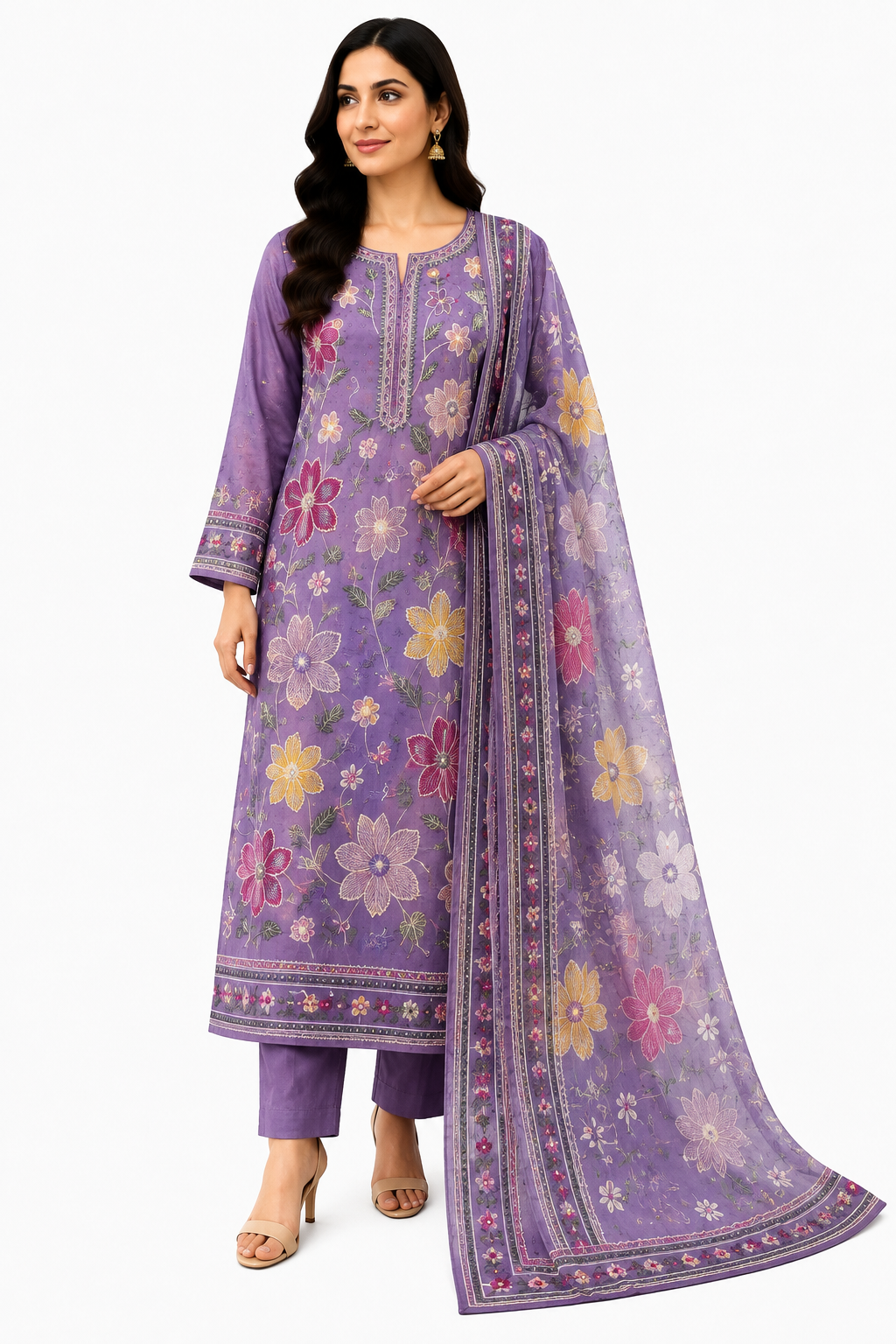 Olive Green Floral Embroidered 3-Piece Suit - Image 2