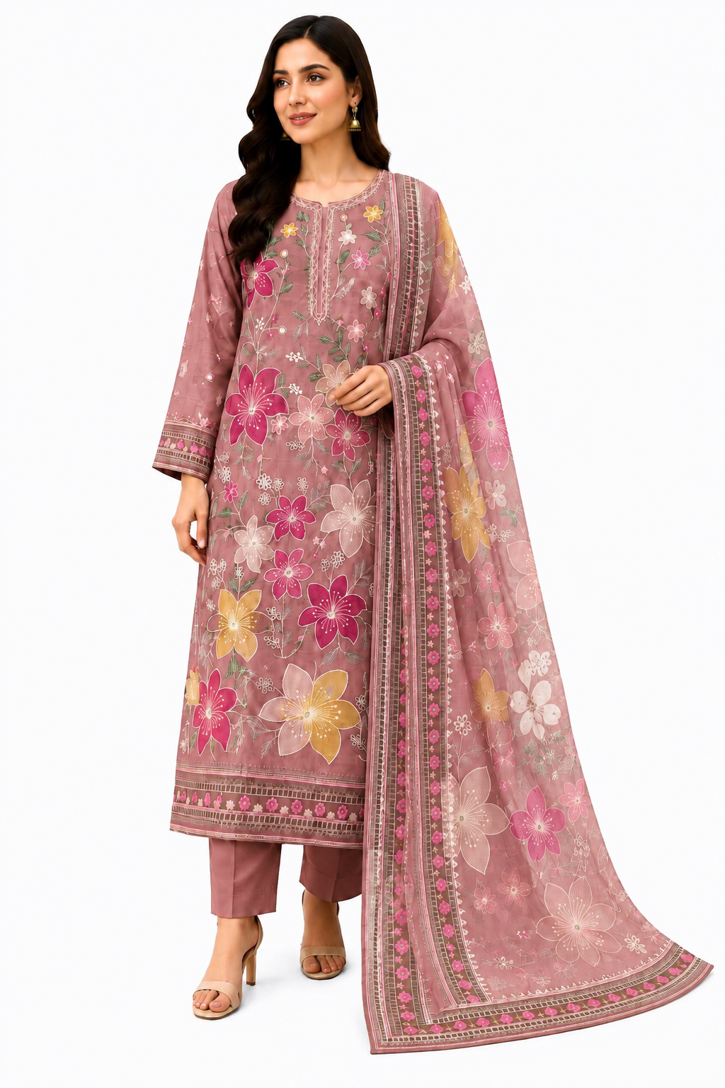 Olive Green Floral Embroidered 3-Piece Suit - Image 7